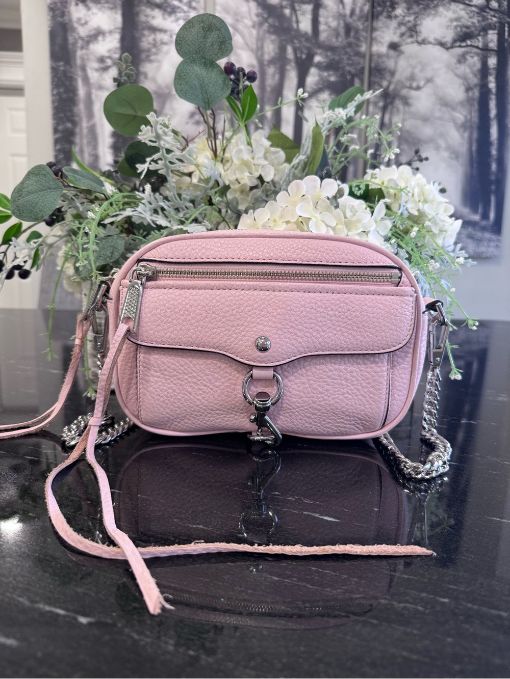 🌸Rebecca Minkoff Mini MAC Blush Pink Pebbled Leather Crossbody Bag Silver - Picture 2 of 14